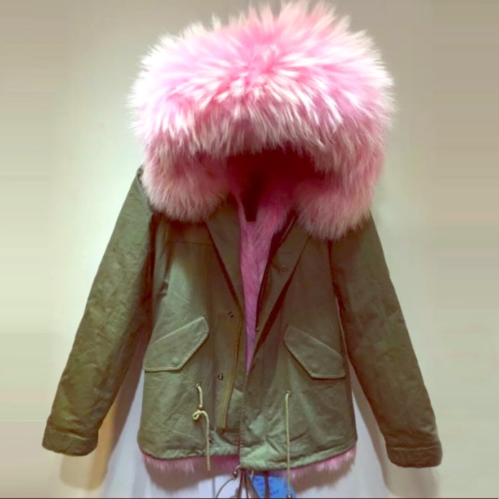 Military green genuine fox fur collar parka xs - Picture 2 of 4